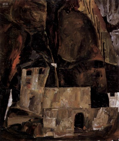 Wall and House in Front of Hilly Terrain with Fence by Egon Schiele